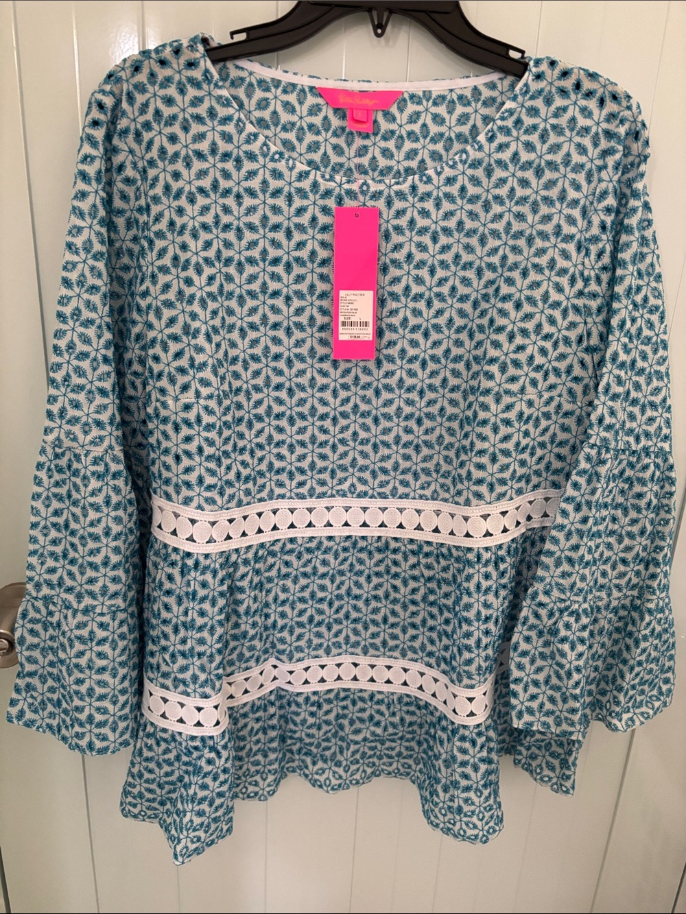 Lilly Pulitzer Teal & White Geometric Crochet-Trim Tunic